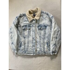 Gap Mens Large Jacket Light Willow Oversize Sherpa Lined Acid Wash Denim Trucker